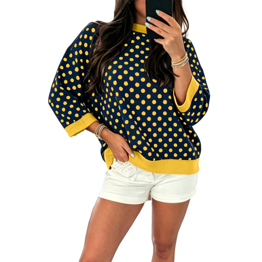 Blue Polka Dot Print Contrast Trim Round Neck Bracelet Sleeve Top Blue / S Tops/Long Sleeve Tops