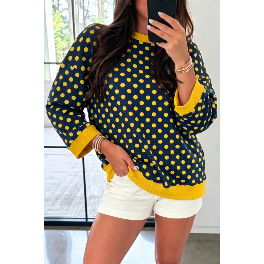 Blue Polka Dot Print Contrast Trim Round Neck Bracelet Sleeve Top Tops/Long Tops