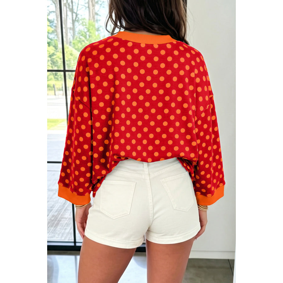 Blue Polka Dot Print Contrast Trim Round Neck Bracelet Sleeve Top Tops/Long Tops