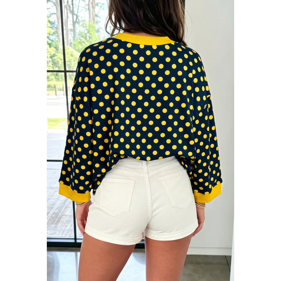 Blue Polka Dot Print Contrast Trim Round Neck Bracelet Sleeve Top Tops/Long Tops