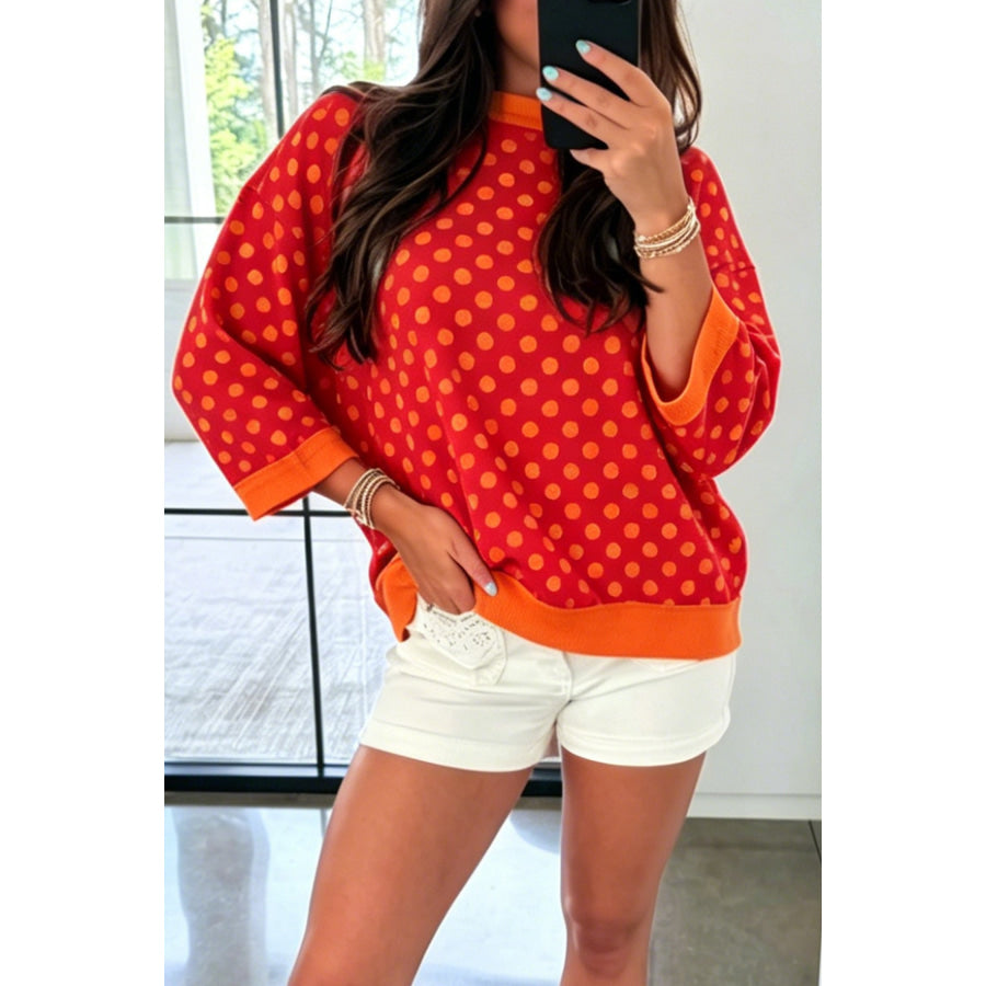 Blue Polka Dot Print Contrast Trim Round Neck Bracelet Sleeve Top Tops/Long Sleeve Tops