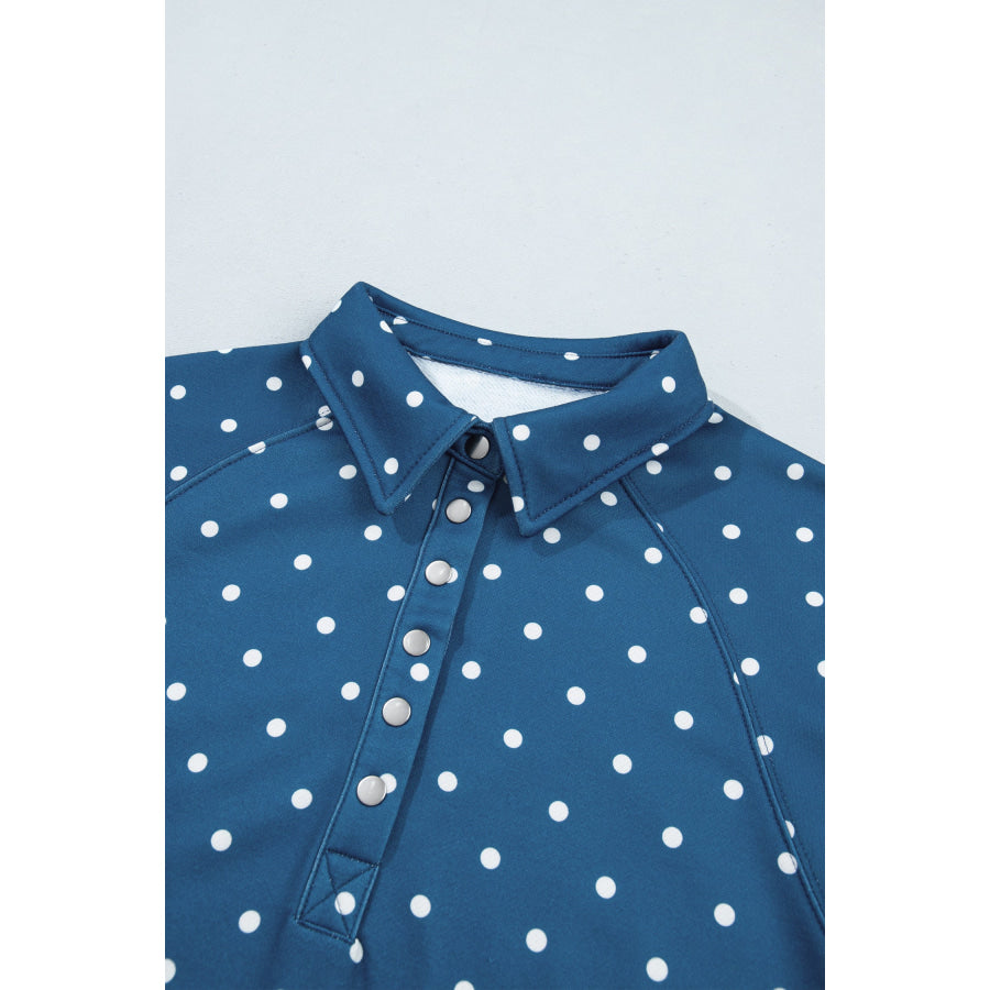 Blue Polka Dot Print Metal Button Collar Casual Pullover Sweatshirt Tops/Sweatshirts & Hoodies