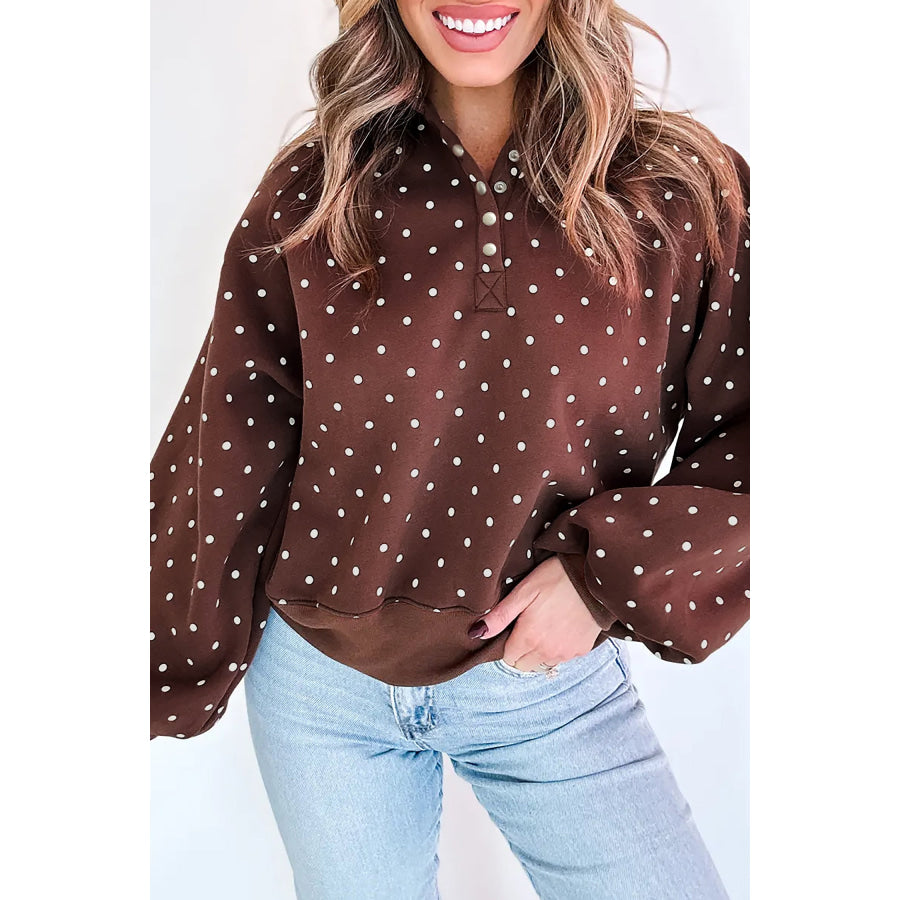Blue Polka Dot Print Metal Button Collar Casual Pullover Sweatshirt Tops/Sweatshirts & Hoodies