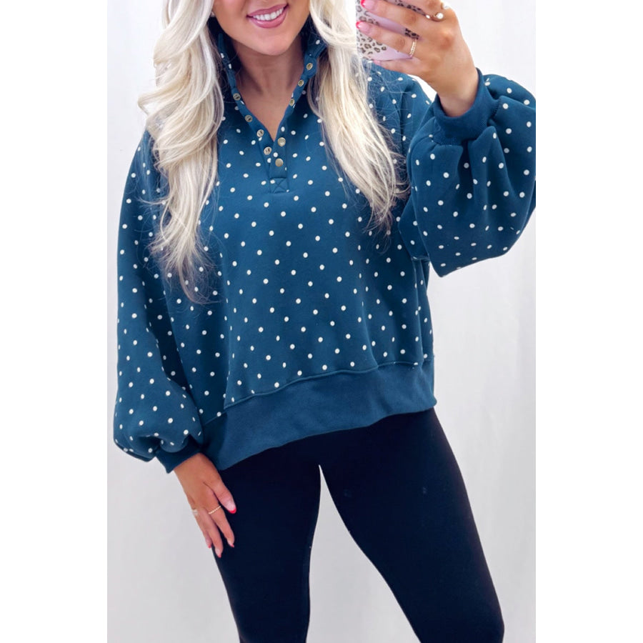 Blue Polka Dot Print Metal Button Collar Casual Pullover Sweatshirt Tops/Sweatshirts & Hoodies