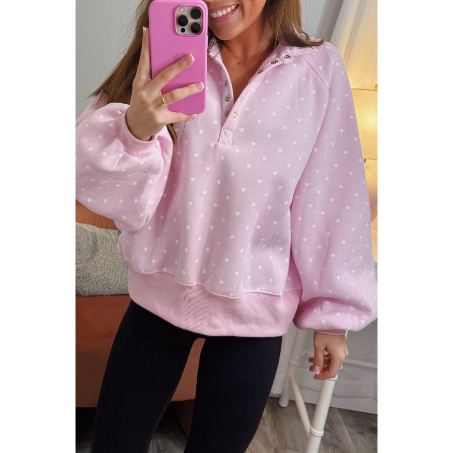 Blue Polka Dot Print Metal Button Collar Casual Pullover Sweatshirt Tops/Sweatshirts & Hoodies