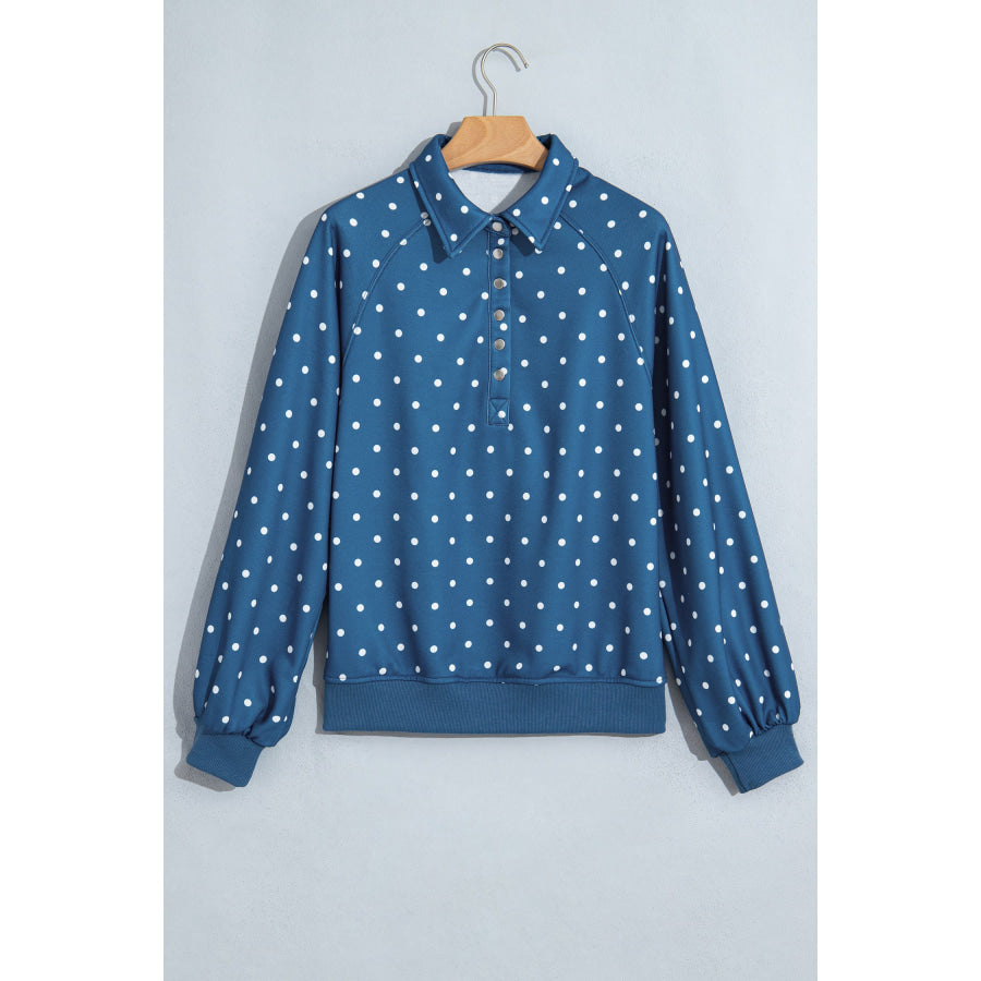 Blue Polka Dot Print Metal Button Collar Casual Pullover Sweatshirt Tops/Sweatshirts & Hoodies