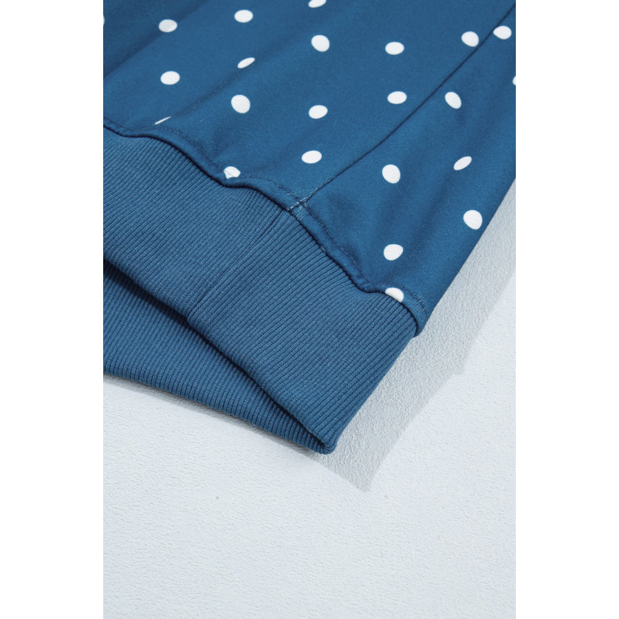 Blue Polka Dot Print Metal Button Collar Casual Pullover Sweatshirt Tops/Sweatshirts & Hoodies
