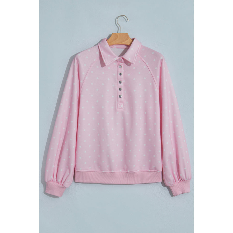 Blue Polka Dot Print Metal Button Collar Casual Pullover Sweatshirt Tops/Sweatshirts & Hoodies