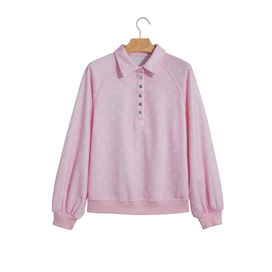 Blue Polka Dot Print Metal Button Collar Casual Pullover Sweatshirt Tops/Sweatshirts & Hoodies