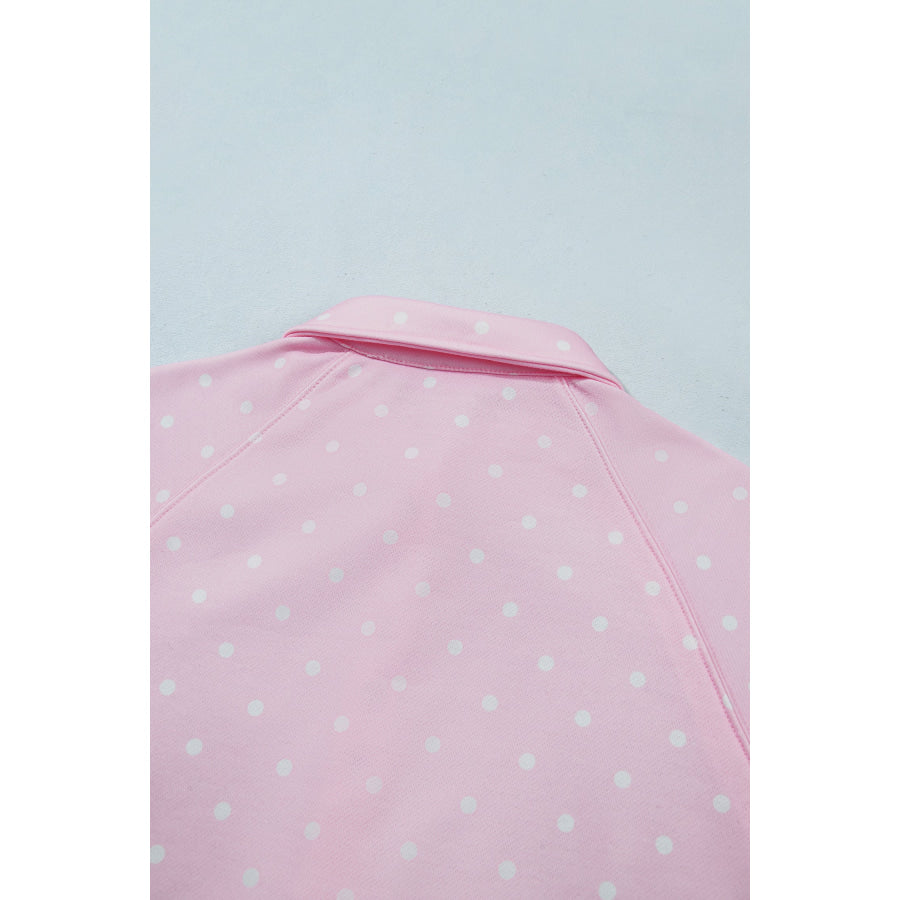Blue Polka Dot Print Metal Button Collar Casual Pullover Sweatshirt Tops/Sweatshirts & Hoodies