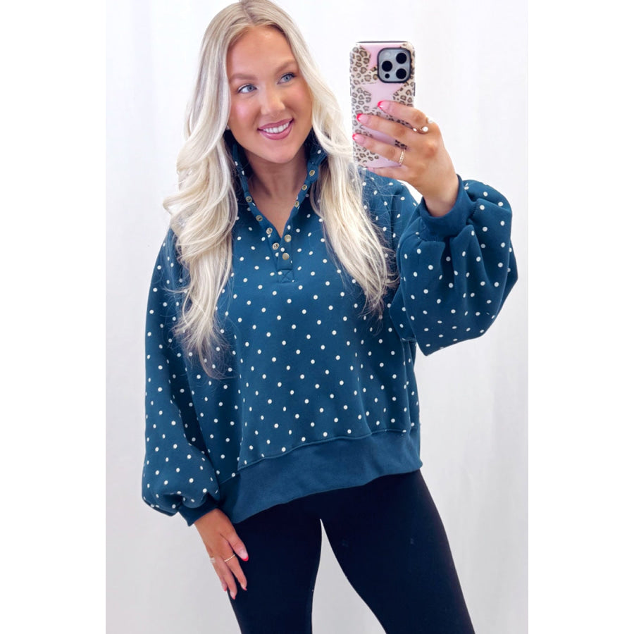 Blue Polka Dot Print Metal Button Collar Casual Pullover Sweatshirt Tops/Sweatshirts & Hoodies