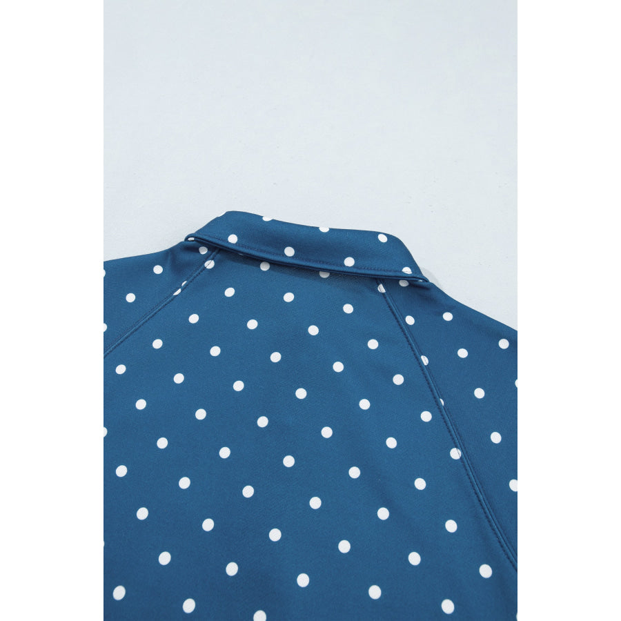 Blue Polka Dot Print Metal Button Collar Casual Pullover Sweatshirt Tops/Sweatshirts & Hoodies