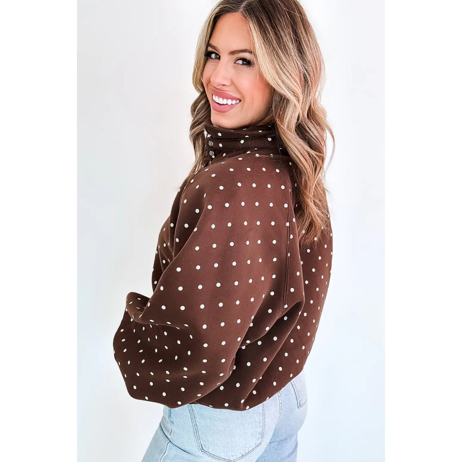 Blue Polka Dot Print Metal Button Collar Casual Pullover Sweatshirt Tops/Sweatshirts & Hoodies