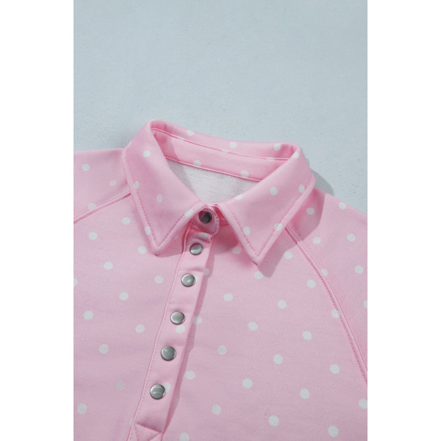 Blue Polka Dot Print Metal Button Collar Casual Pullover Sweatshirt Tops/Sweatshirts & Hoodies