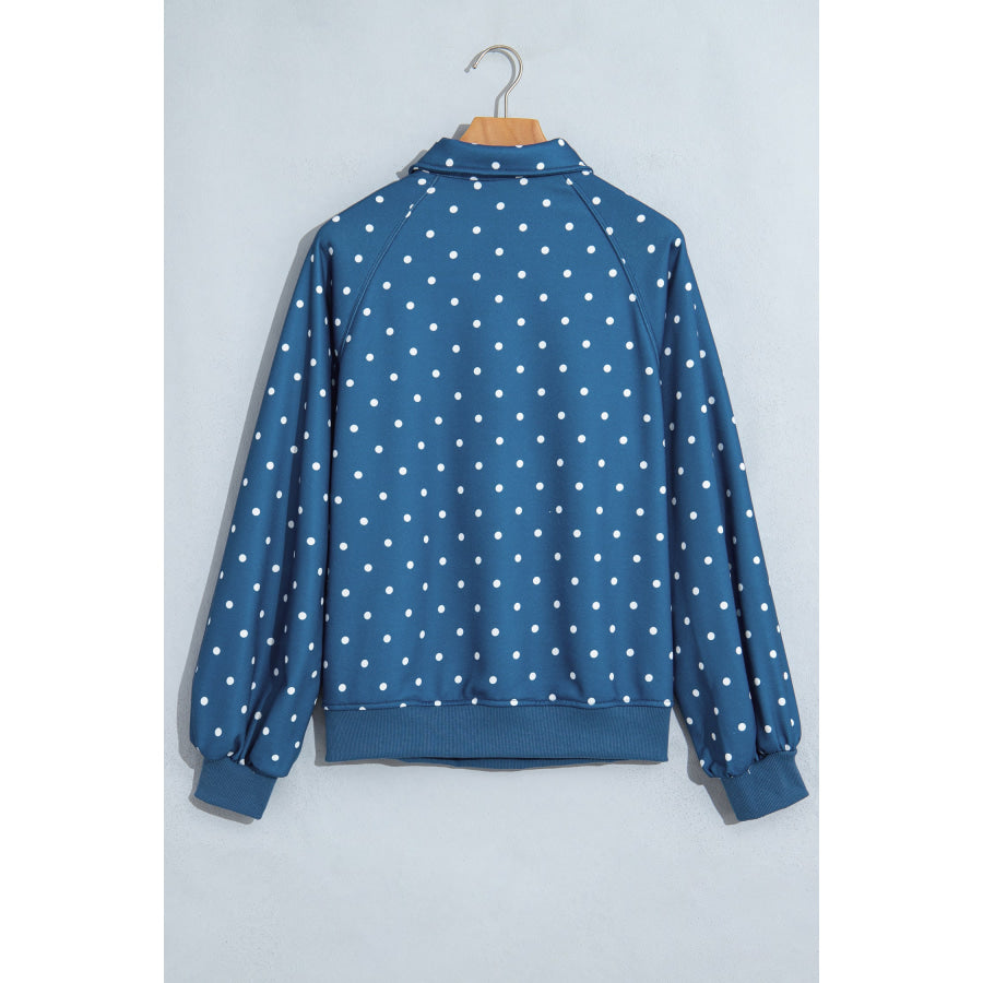 Blue Polka Dot Print Metal Button Collar Casual Pullover Sweatshirt Tops/Sweatshirts & Hoodies