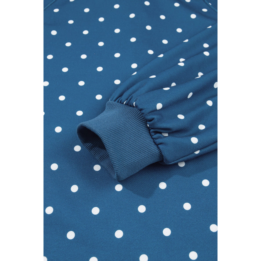 Blue Polka Dot Print Metal Button Collar Casual Pullover Sweatshirt Tops/Sweatshirts & Hoodies