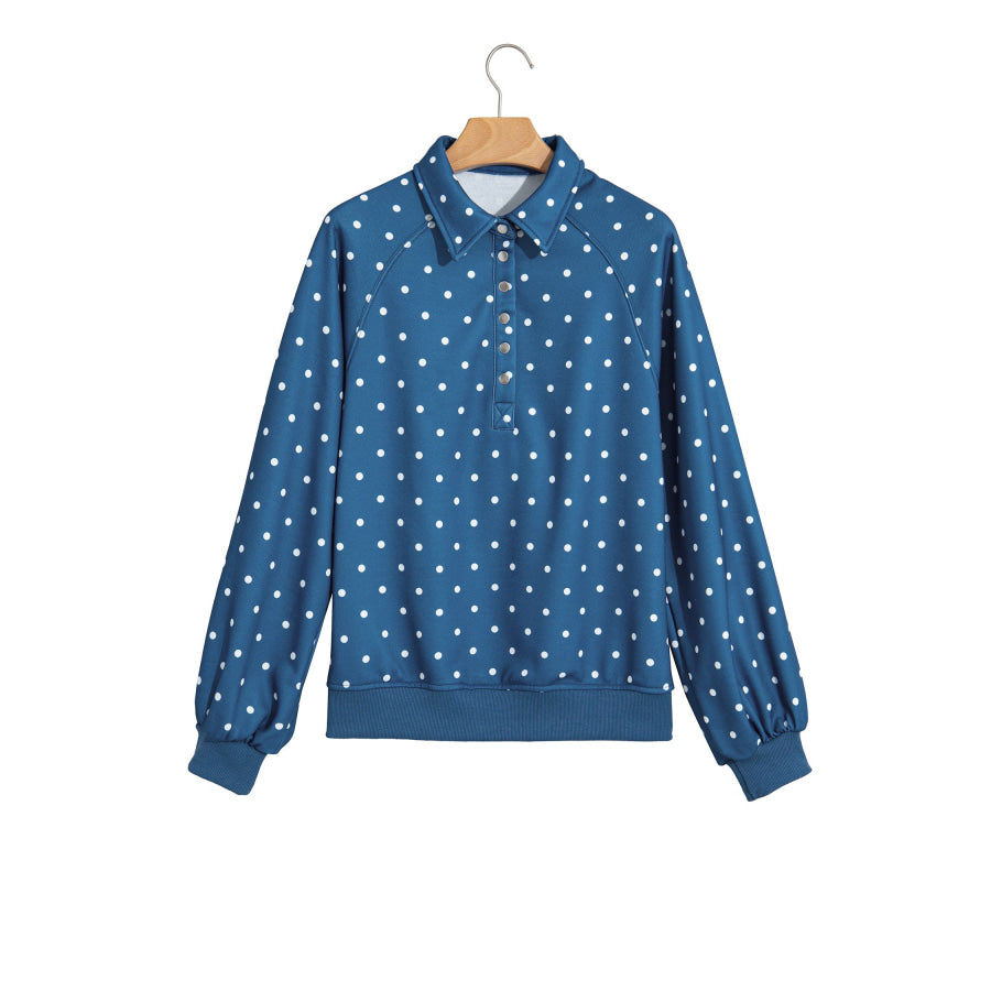 Blue Polka Dot Print Metal Button Collar Casual Pullover Sweatshirt Tops/Sweatshirts & Hoodies