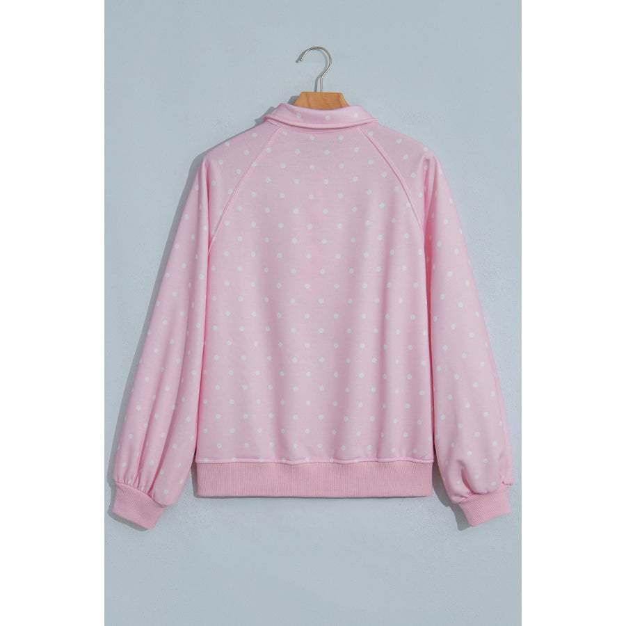 Blue Polka Dot Print Metal Button Collar Casual Pullover Sweatshirt Tops/Sweatshirts & Hoodies