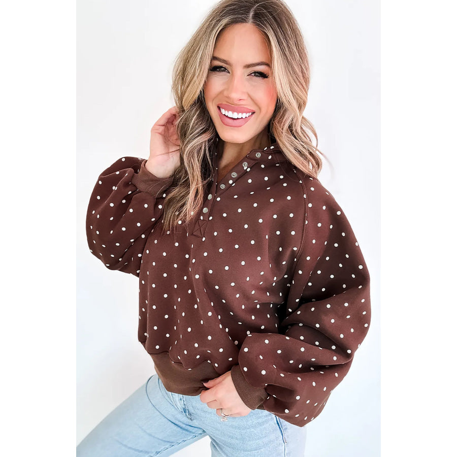 Blue Polka Dot Print Metal Button Collar Casual Pullover Sweatshirt Tops/Sweatshirts & Hoodies