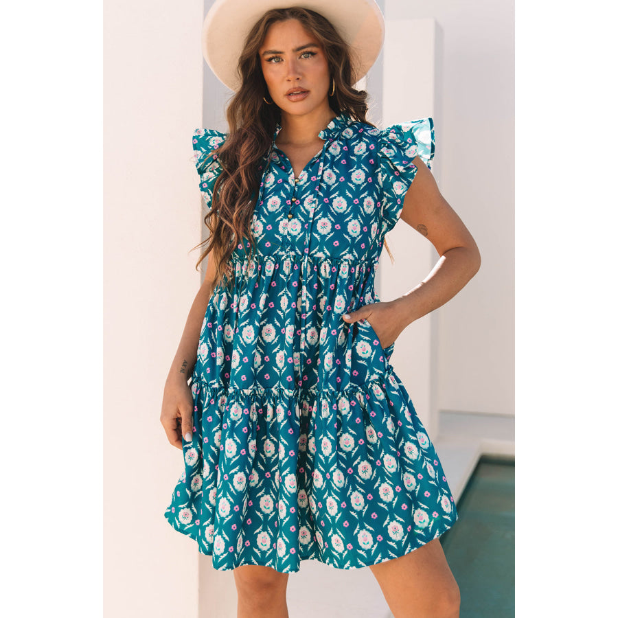 Blue Retro Floral Print Split Neck Ruffle Short Sleeve Dress Dresses/Floral Dresses