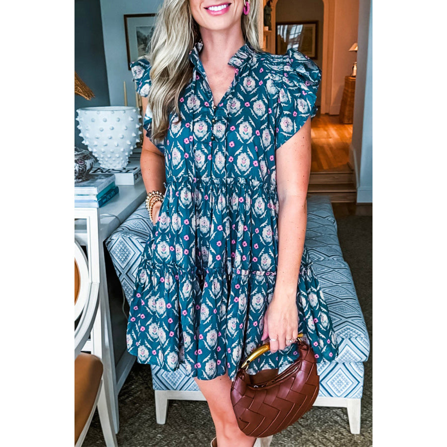 Blue Retro Floral Print Split Neck Ruffle Short Sleeve Dress Dresses/Floral Dresses