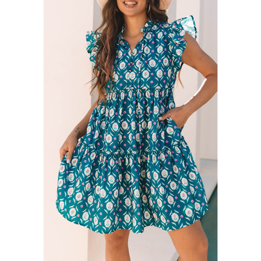 Blue Retro Floral Print Split Neck Ruffle Short Sleeve Dress Dresses/Floral Dresses