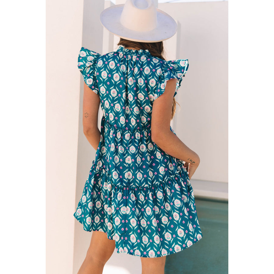 Blue Retro Floral Print Split Neck Ruffle Short Sleeve Dress Dresses/Floral Dresses