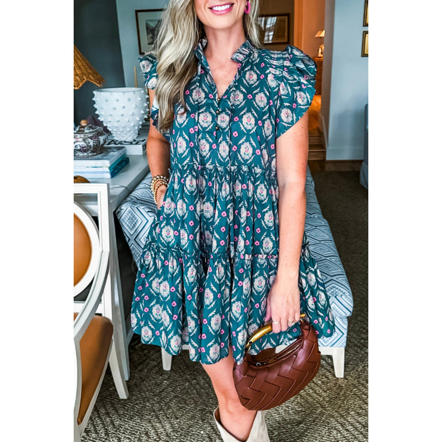 Blue Retro Floral Print Split Neck Ruffle Short Sleeve Dress Dresses/Floral Dresses