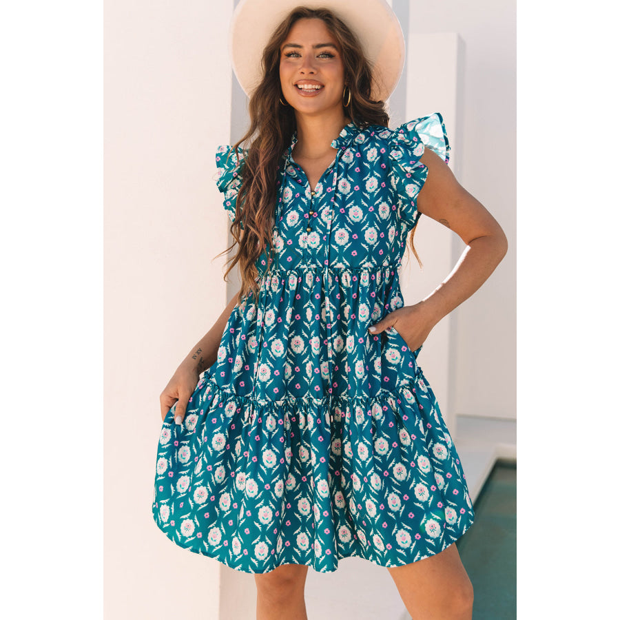 Blue Retro Floral Print Split Neck Ruffle Short Sleeve Dress Blue / S / 100% Polyester Dresses/Floral Dresses