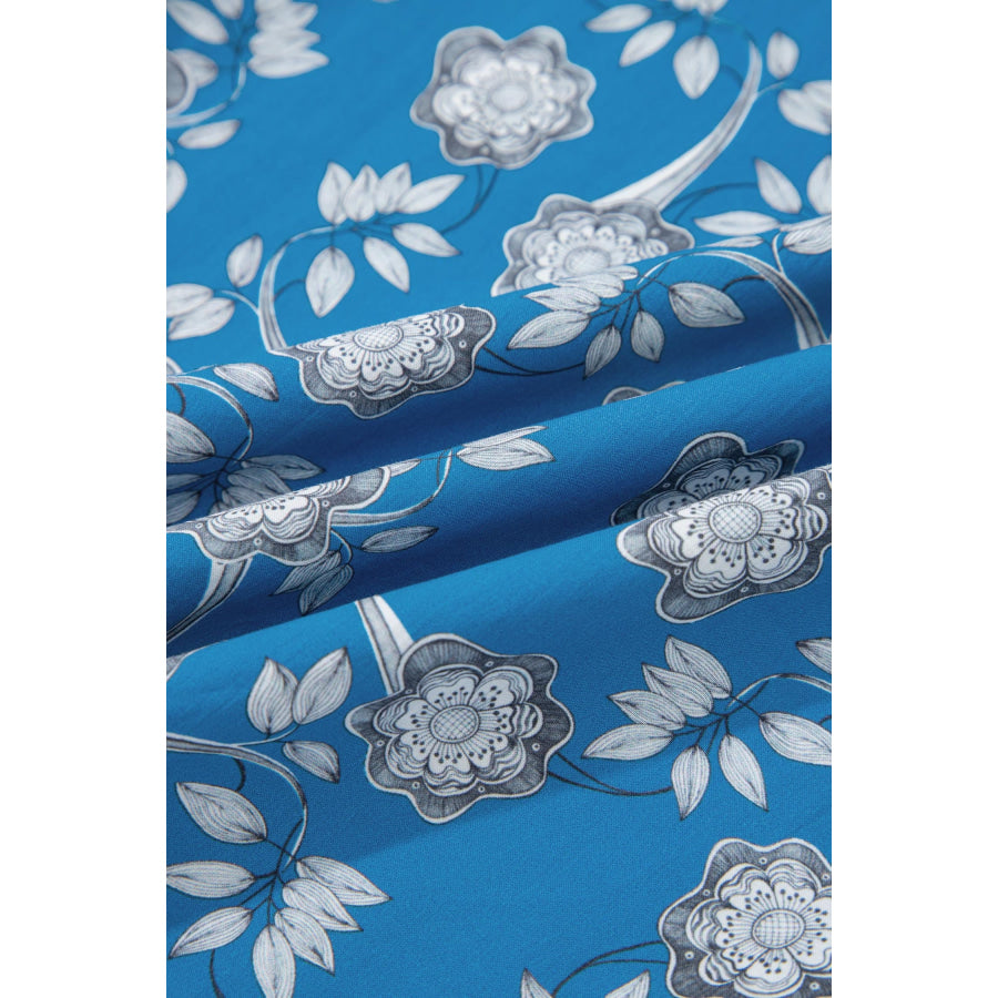 Blue Retro Floral Print Striped Trim Button Neck Short Sleeve Blouse Tops/Blouses & Shirts