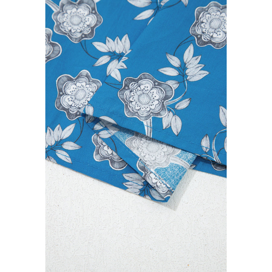 Blue Retro Floral Print Striped Trim Button Neck Short Sleeve Blouse Tops/Blouses & Shirts