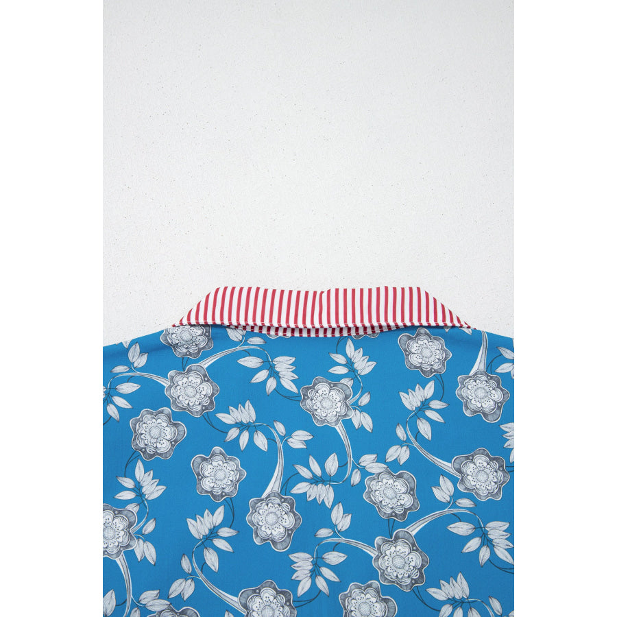 Blue Retro Floral Print Striped Trim Button Neck Short Sleeve Blouse Tops/Blouses & Shirts