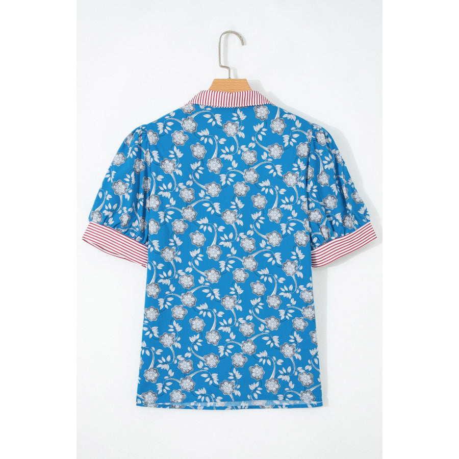 Blue Retro Floral Print Striped Trim Button Neck Short Sleeve Blouse Tops/Blouses & Shirts
