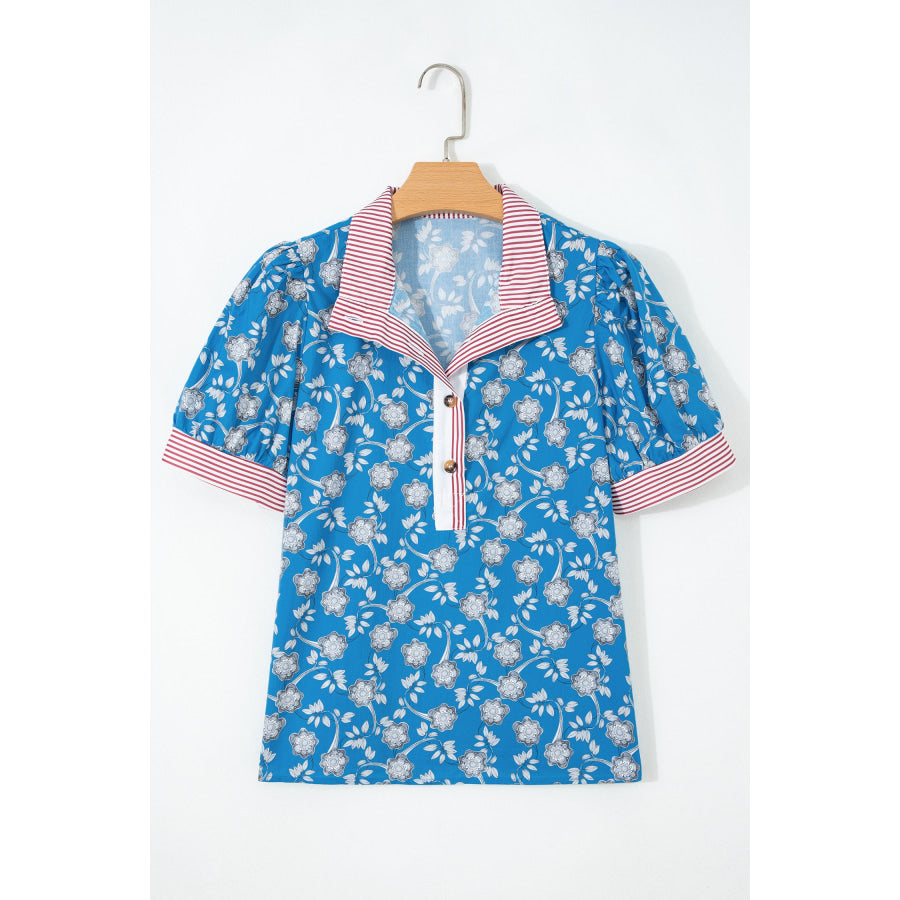 Blue Retro Floral Print Striped Trim Button Neck Short Sleeve Blouse Tops/Blouses & Shirts