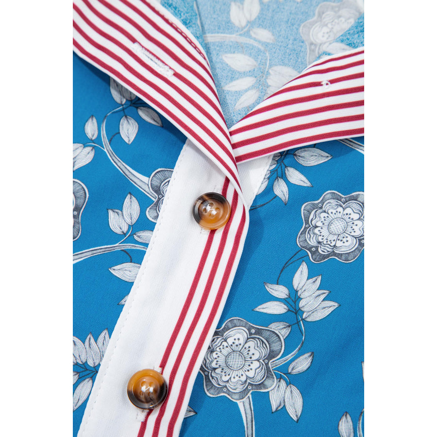Blue Retro Floral Print Striped Trim Button Neck Short Sleeve Blouse Tops/Blouses & Shirts