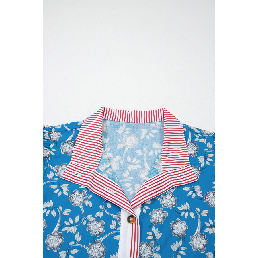 Blue Retro Floral Print Striped Trim Button Neck Short Sleeve Blouse Tops/Blouses & Shirts