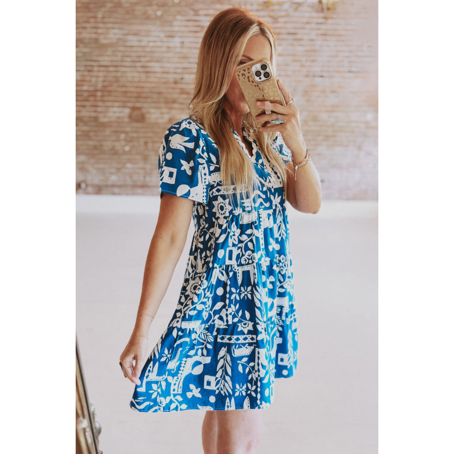 Blue Ricrac Trim Split Neck Floral Loose Dress Dresses/Floral Dresses