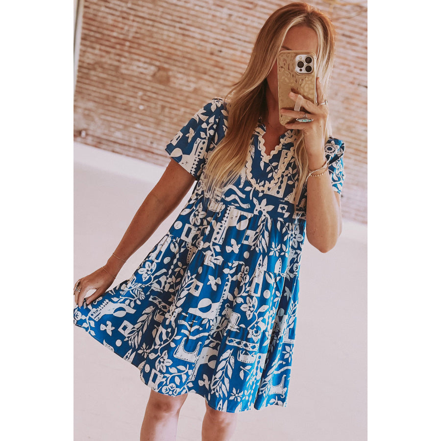 Blue Ricrac Trim Split Neck Floral Loose Dress Dresses/Floral Dresses