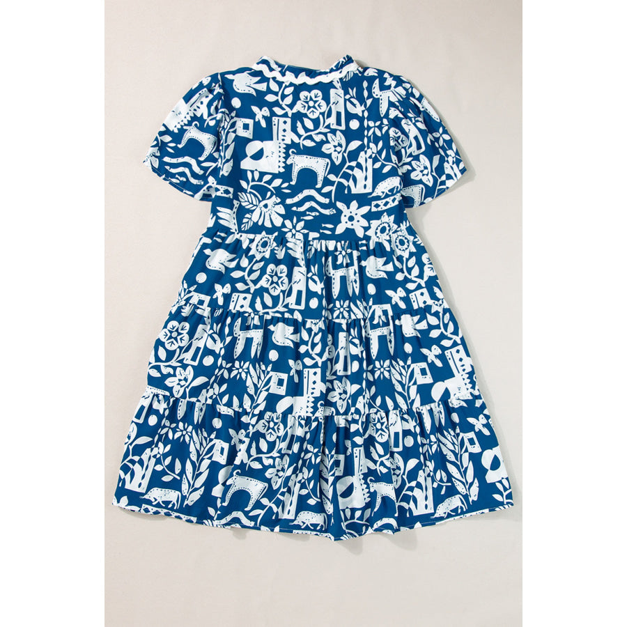 Blue Ricrac Trim Split Neck Floral Loose Dress Dresses/Floral Dresses