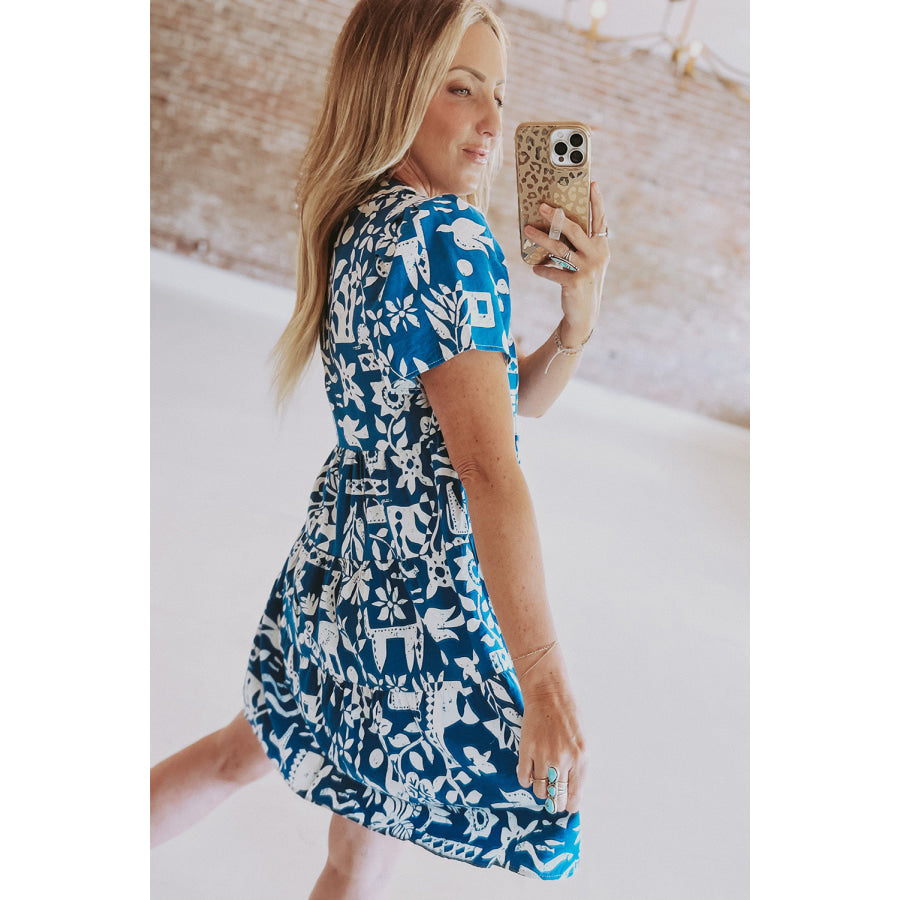 Blue Ricrac Trim Split Neck Floral Loose Dress Dresses/Floral Dresses