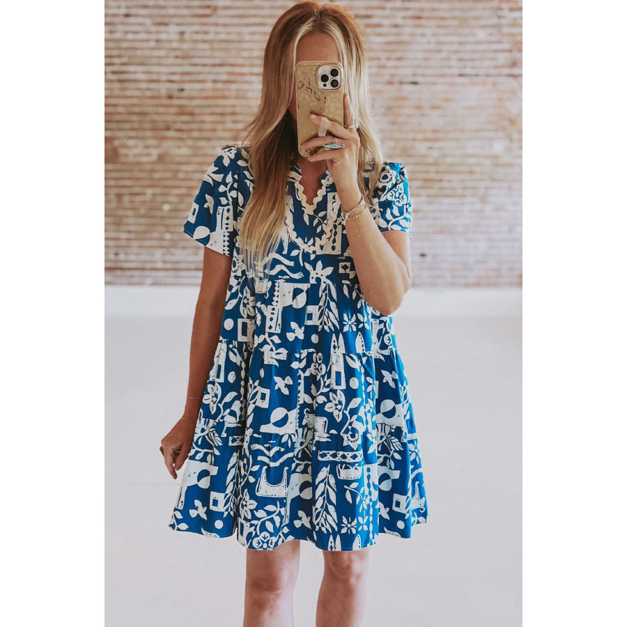 Blue Ricrac Trim Split Neck Floral Loose Dress Dresses/Floral Dresses