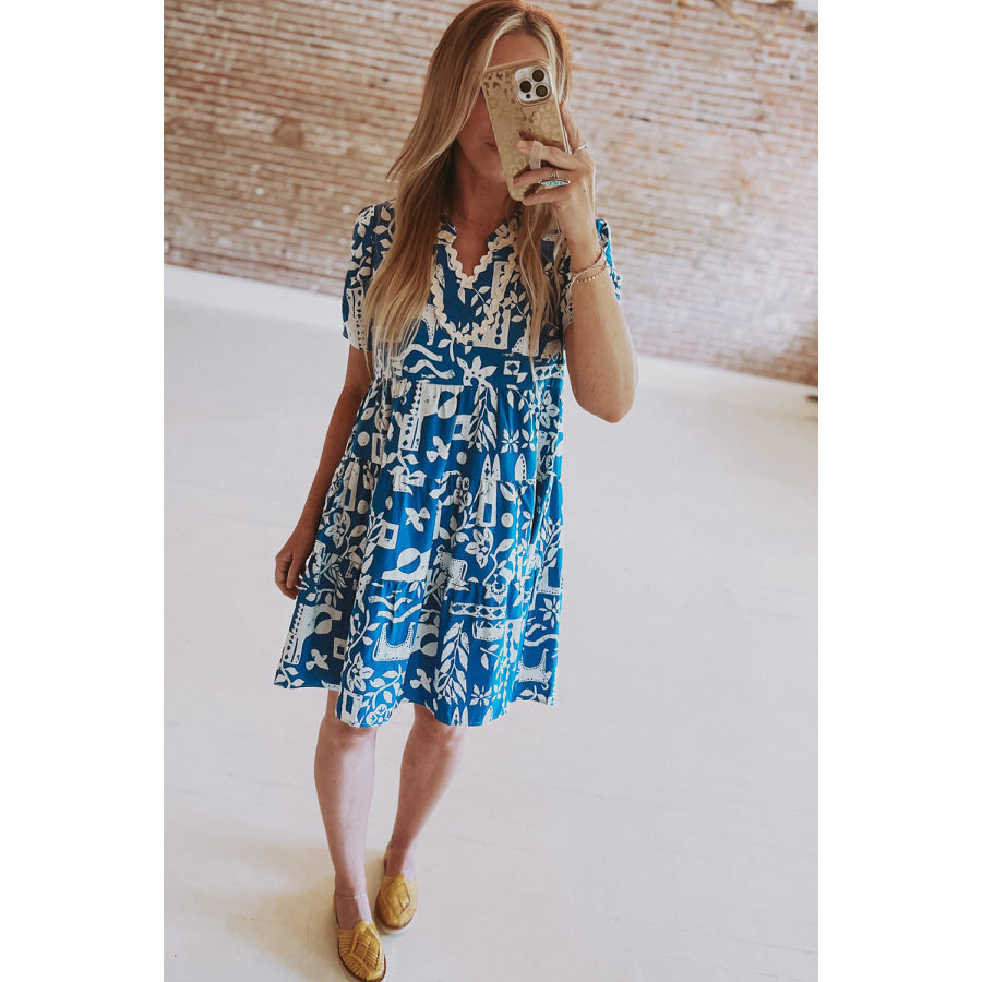 Blue Ricrac Trim Split Neck Floral Loose Dress Dresses/Floral Dresses