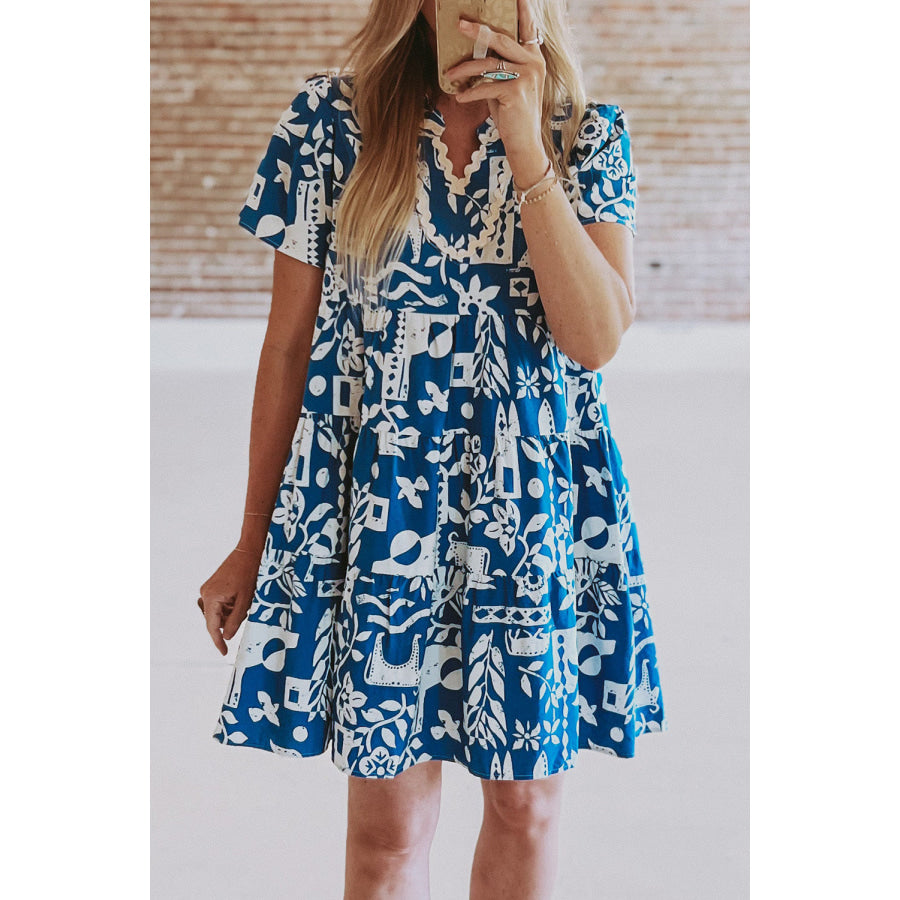 Blue Ricrac Trim Split Neck Floral Loose Dress Blue / S / 100% Polyester Dresses/Floral Dresses