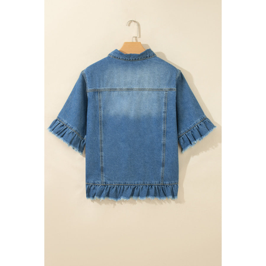 Blue Ruffle Hem Raw Edge Half Sleeve Western Denim Jacket Outerwear/Denim jackets