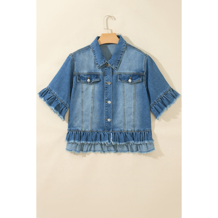 Blue Ruffle Hem Raw Edge Half Sleeve Western Denim Jacket Outerwear/Denim jackets