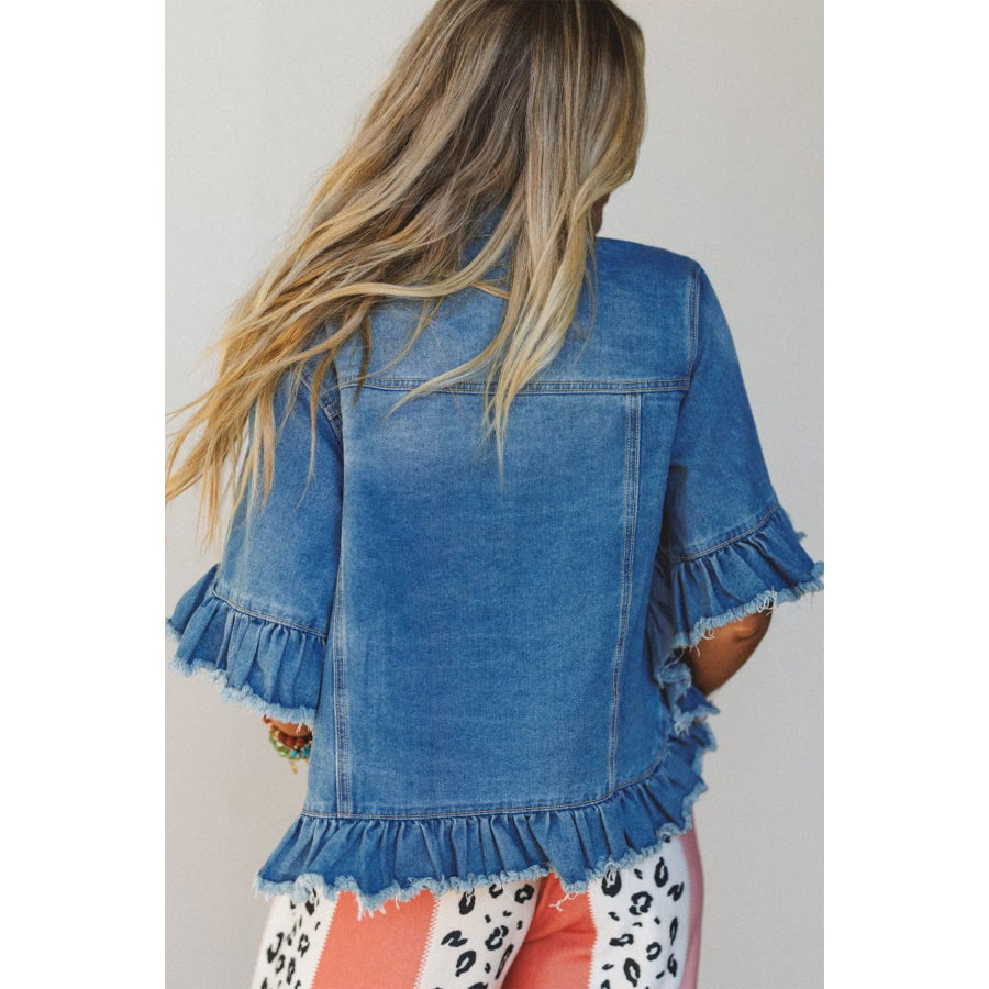 Blue Ruffle Hem Raw Edge Half Sleeve Western Denim Jacket Blue / S / 81.3% Cotton + 13% Polyester + 5.7% Regenerated Fibre Outerwear/Denim