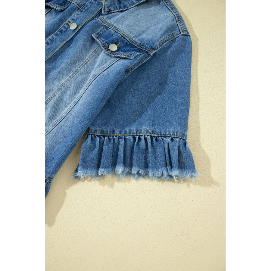 Blue Ruffle Hem Raw Edge Half Sleeve Western Denim Jacket Outerwear/Denim jackets