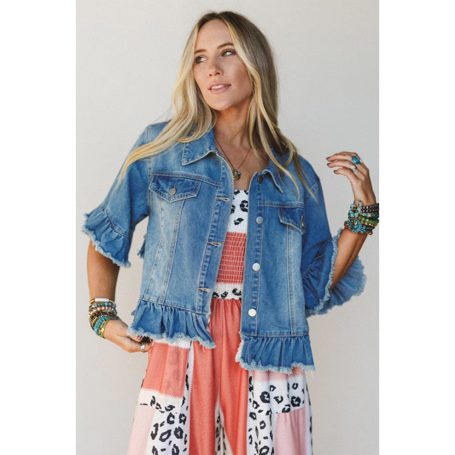 Blue Ruffle Hem Raw Edge Half Sleeve Western Denim Jacket Outerwear/Denim jackets