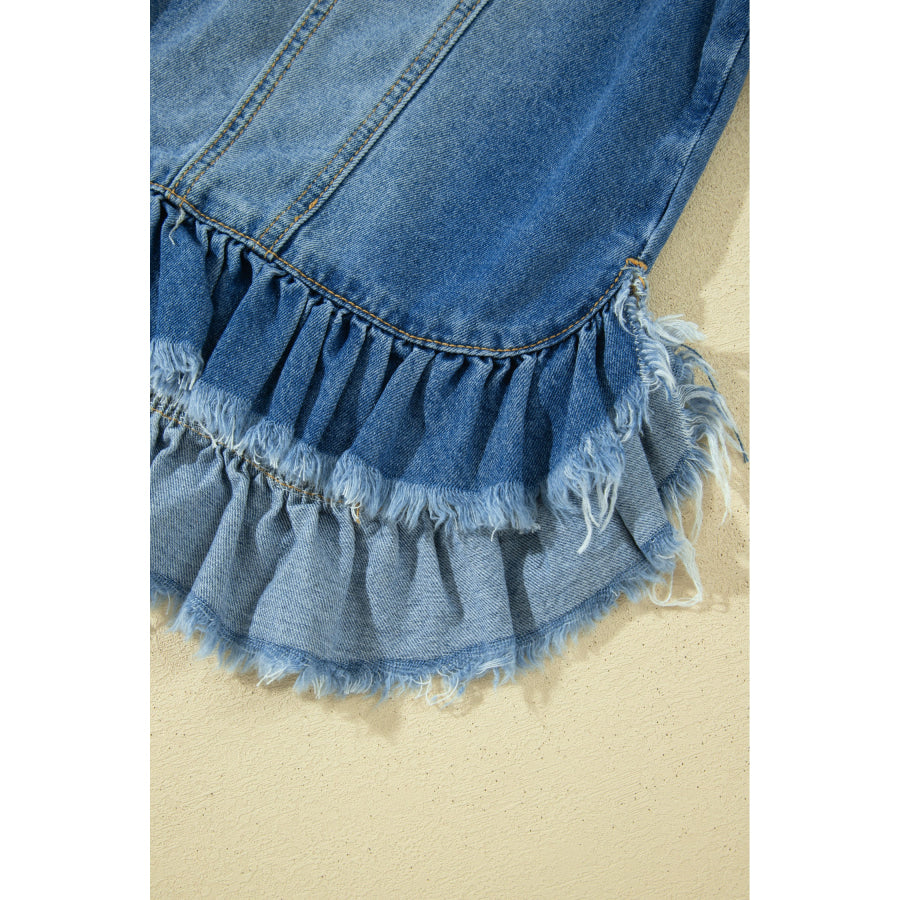 Blue Ruffle Hem Raw Edge Half Sleeve Western Denim Jacket Outerwear/Denim jackets