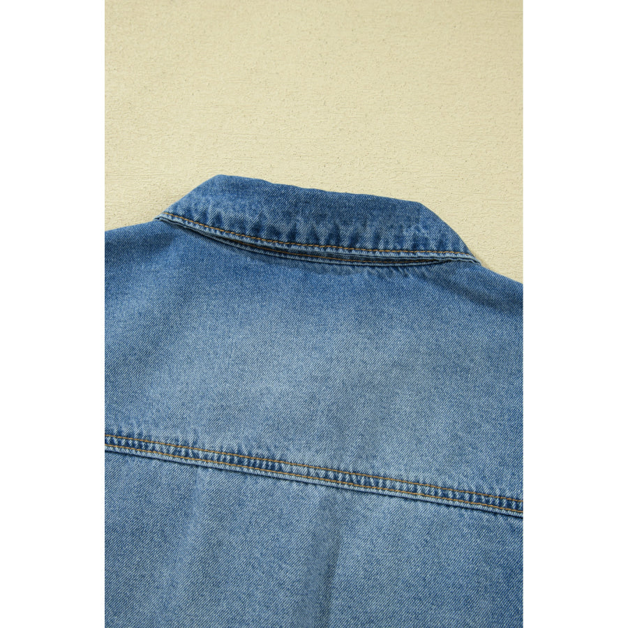 Blue Ruffle Hem Raw Edge Half Sleeve Western Denim Jacket Outerwear/Denim jackets
